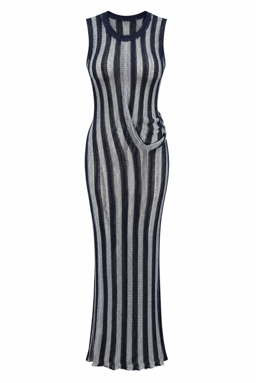 Vine Tree - Black & Silver Striped Knit Cutout Maxi Dress - S/M (New With Tags)